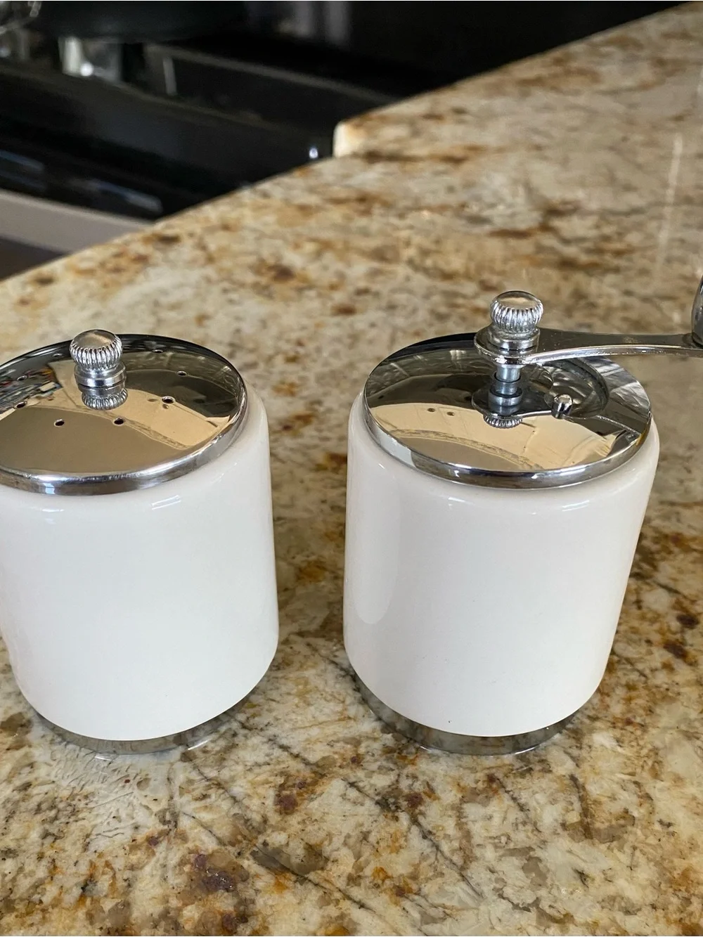 Vintage White Ceramic Pepper Mill and Salt Shaker Set - Stainless Accent